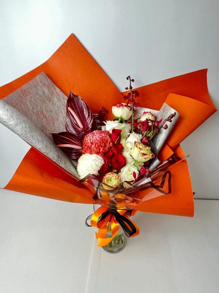 Red and White Rose Bouquet with Anthurium & Orchids